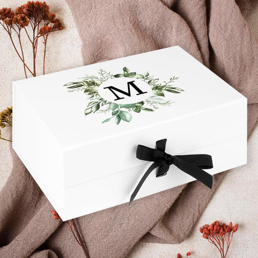 Custom Bridesmaid Proposal Box with Lids, White Gift Box with Ribbon - 24 Designs-Set of 1-Andaz Press-Monogram Greenery-