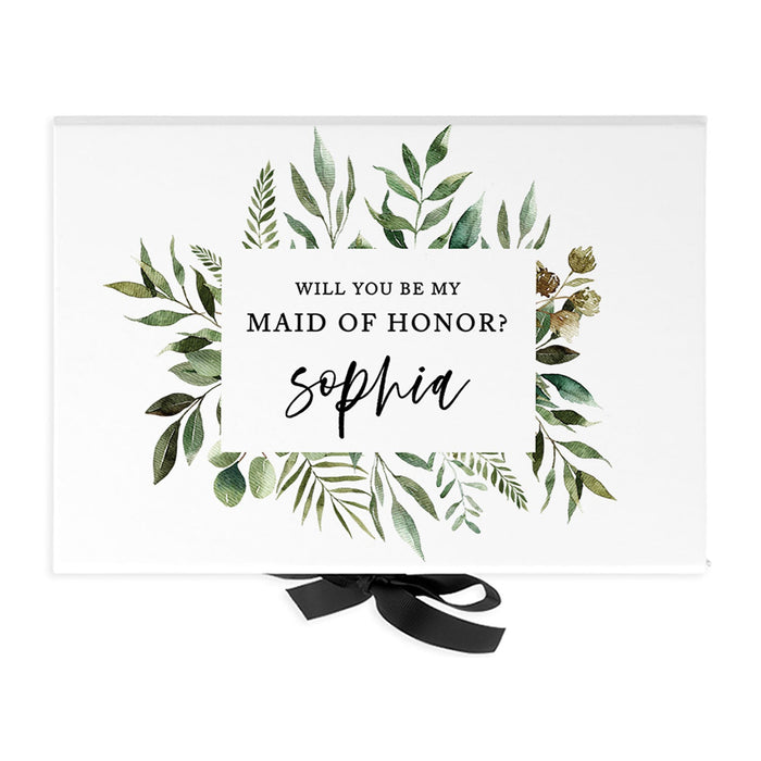 Custom Bridesmaid Proposal Box with Lids, White Gift Box with Ribbon - 24 Designs-Set of 1-Andaz Press-Will You Be My Maid of Honor? Greenery-