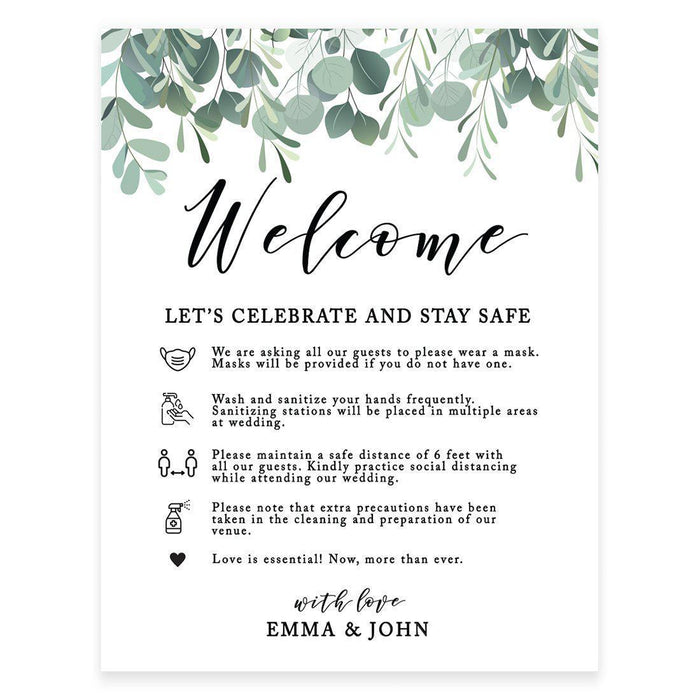 Custom Distance Wedding Party Signs, Spread Love, Formal Black and White Design Table Sign-Set of 1-Andaz Press-Safe Eucalyptus-