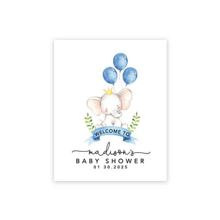 Custom Elephant Baby Shower Canvas Wedding Welcome Signs-Set of 1-Andaz Press-Baby Elephant and Baby Blue Balloons-
