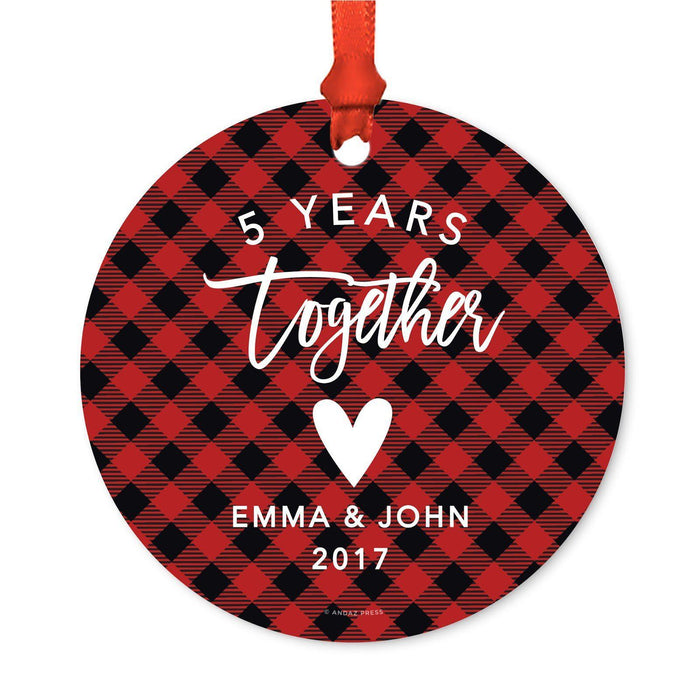 Custom Family Metal Christmas Ornament, Country Lumberjack Buffalo Red Plaid, Design 2-Set of 1-Andaz Press-5 Year Together-