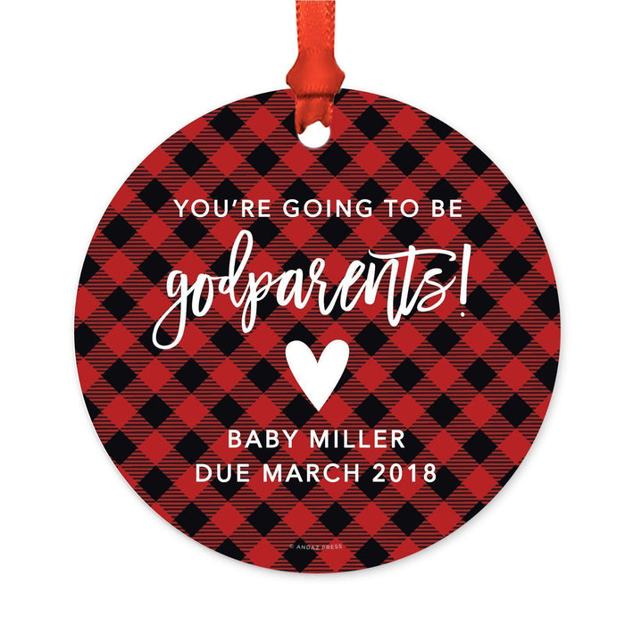 Custom Family Metal Christmas Ornament, Country Lumberjack Buffalo Red Plaid, Design 2-Set of 1-Andaz Press-Godparents Going To Be-