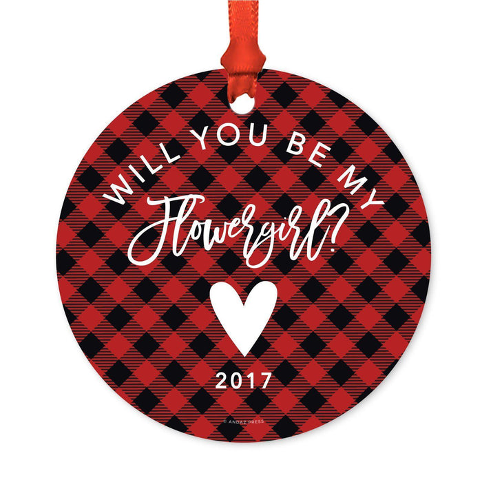 Custom Family Metal Christmas Ornament, Country Lumberjack Buffalo Red Plaid, Design 2-Set of 1-Andaz Press-Will You Be Flowergirl-