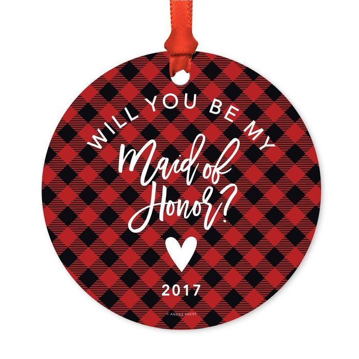 Custom Family Metal Christmas Ornament, Country Lumberjack Buffalo Red Plaid, Design 2-Set of 1-Andaz Press-Will You Be Maid of Honor-