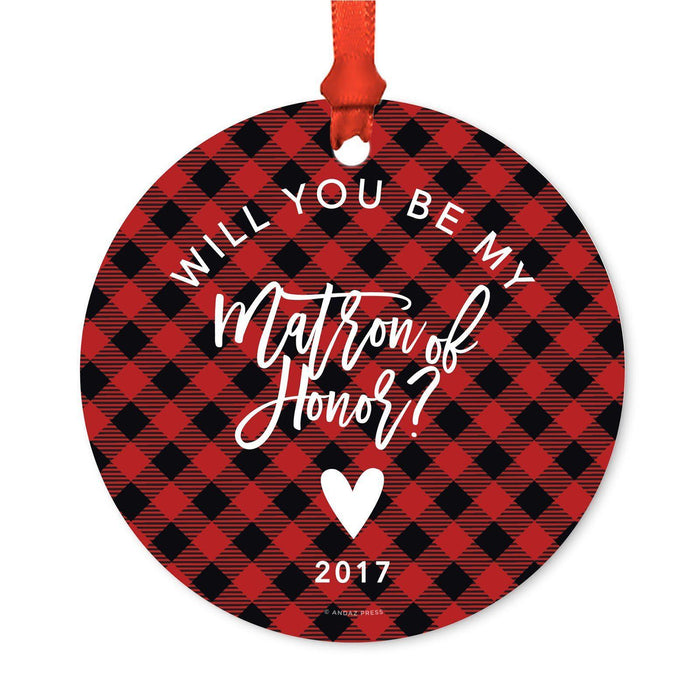 Custom Family Metal Christmas Ornament, Country Lumberjack Buffalo Red Plaid, Design 2-Set of 1-Andaz Press-Will You Be Matron Honor-