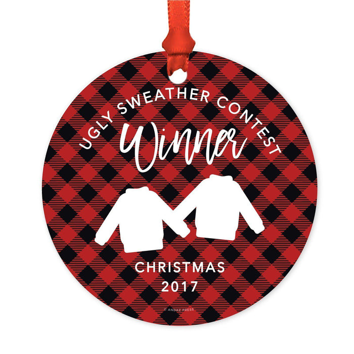 Custom Family Metal Christmas Ornament, Country Lumberjack Buffalo Red Plaid, Design 2-Set of 1-Andaz Press-Winner Ugly Sweater-