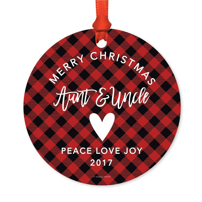 Custom Family Metal Christmas Ornament, Country Lumberjack Buffalo Red Plaid, Includes Ribbon and Gift Bag, Design 1-Set of 1-Andaz Press-Aunt Uncle-
