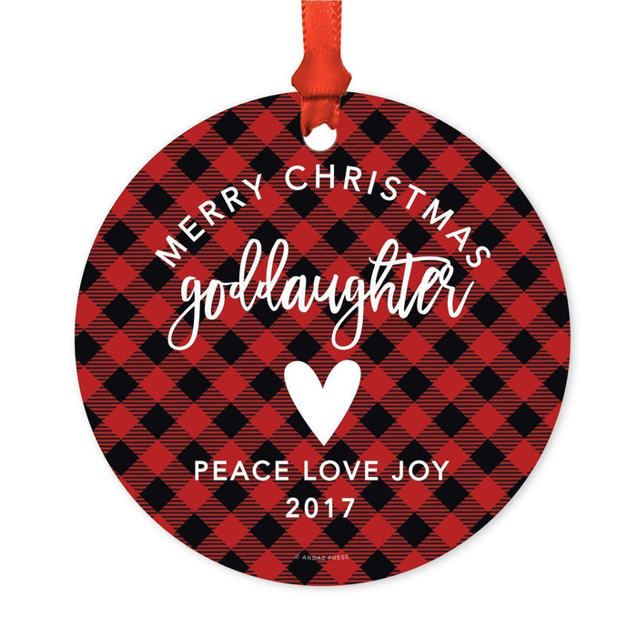 Custom Family Metal Christmas Ornament, Country Lumberjack Buffalo Red Plaid, Includes Ribbon and Gift Bag, Design 1-Set of 1-Andaz Press-Goddaughter-