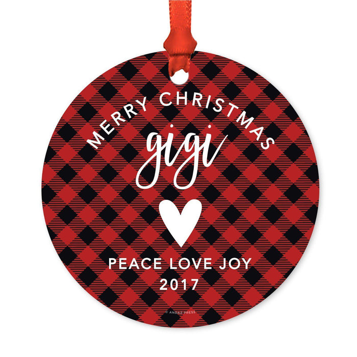 Custom Family Metal Christmas Ornament, Country Lumberjack Buffalo Red Plaid, Includes Ribbon and Gift Bag, Design 1-Set of 1-Andaz Press-Grandma Gigi-