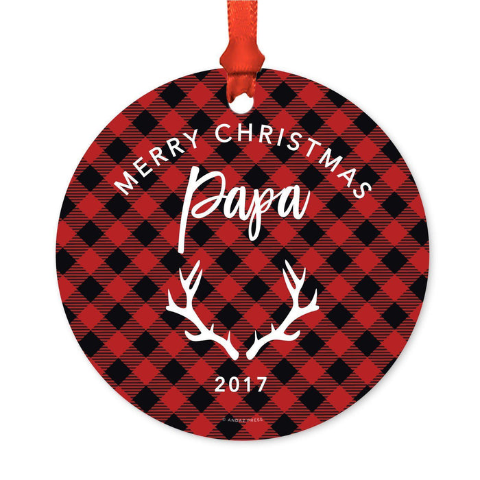 Custom Family Metal Christmas Ornament, Country Lumberjack Buffalo Red Plaid, Includes Ribbon and Gift Bag, Design 1-Set of 1-Andaz Press-Grandpa Papa-