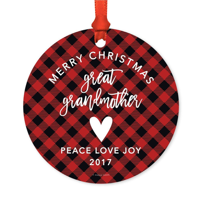Custom Family Metal Christmas Ornament, Country Lumberjack Buffalo Red Plaid, Includes Ribbon and Gift Bag, Design 1-Set of 1-Andaz Press-Great Grandmother-