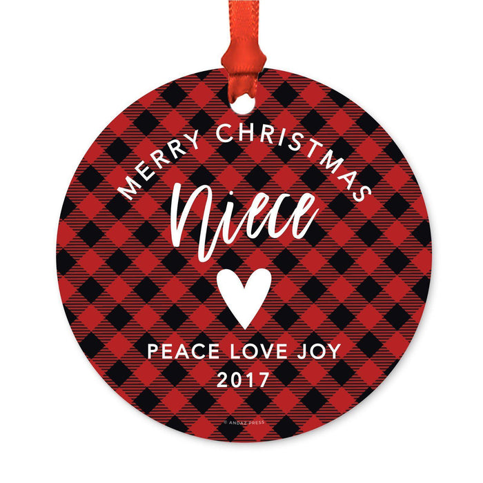 Custom Family Metal Christmas Ornament, Country Lumberjack Buffalo Red Plaid, Includes Ribbon and Gift Bag, Design 1-Set of 1-Andaz Press-Niece-