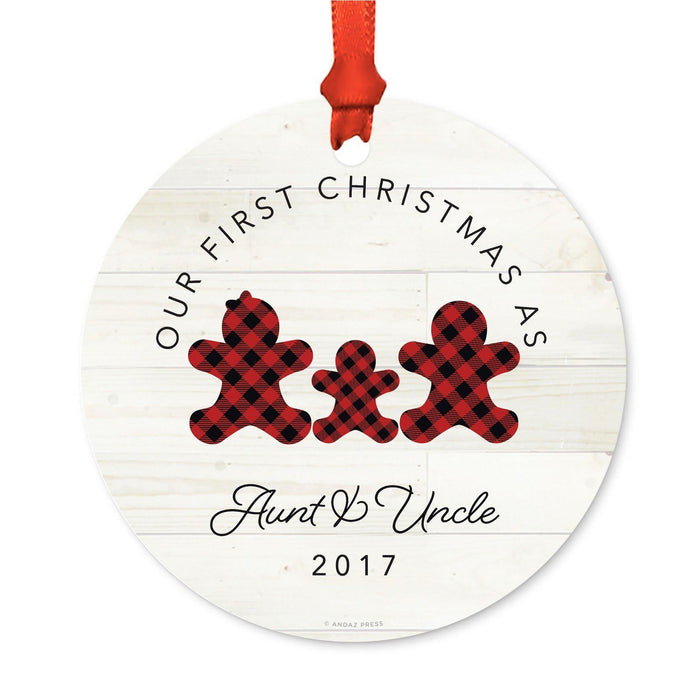 Custom Family Metal Christmas Ornament, Our First Christmas, Lumberjack Buffalo Red Plaid, Year-Set of 1-Andaz Press-Aunt Uncle-