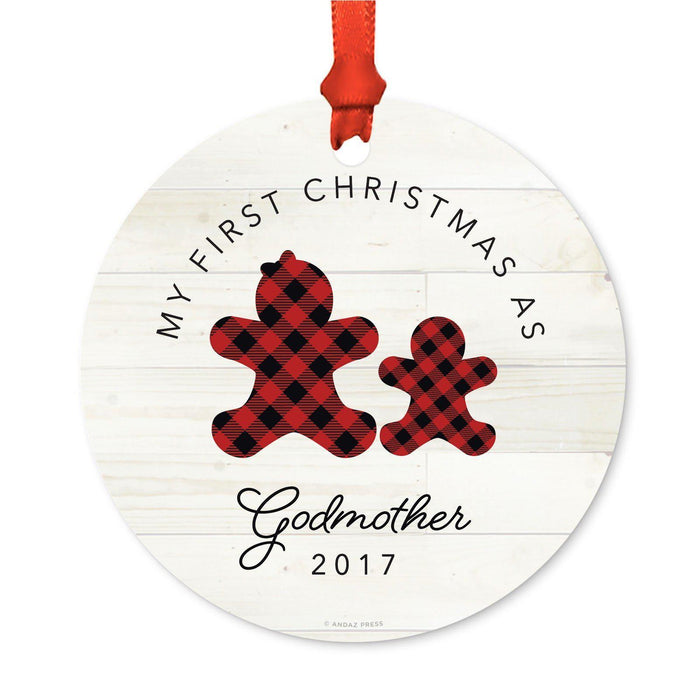 Custom Family Metal Christmas Ornament, Our First Christmas, Lumberjack Buffalo Red Plaid, Year-Set of 1-Andaz Press-Godmother Ornament-