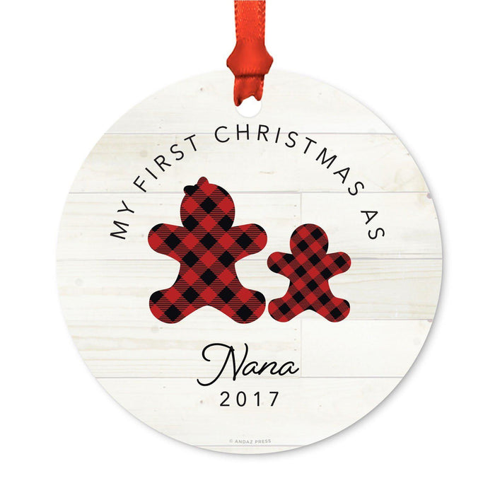Custom Family Metal Christmas Ornament, Our First Christmas, Lumberjack Buffalo Red Plaid, Year-Set of 1-Andaz Press-Nana-