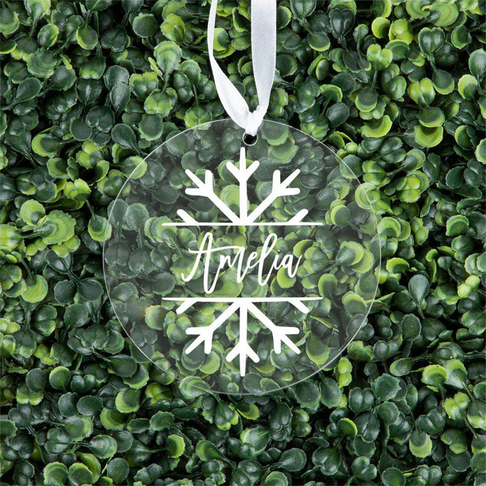 Custom Family Round Clear Acrylic Christmas Tree Ornament Keepsake-Set of 1-Andaz Press-Name Snowflake-