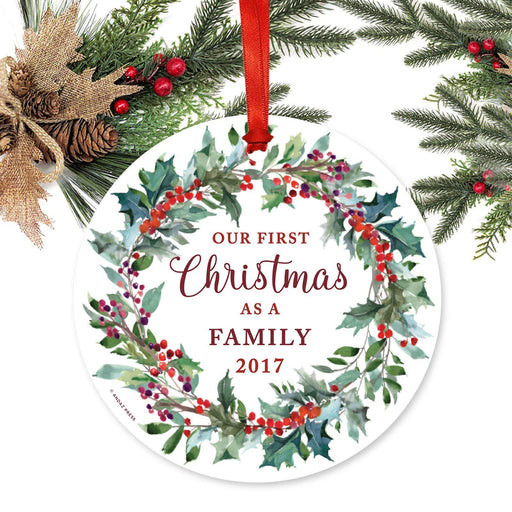 Custom Family Wedding Metal Christmas Ornament, Red Holiday Wreath, Includes Ribbon and Gift Bag-Set of 1-Andaz Press-Adoption-