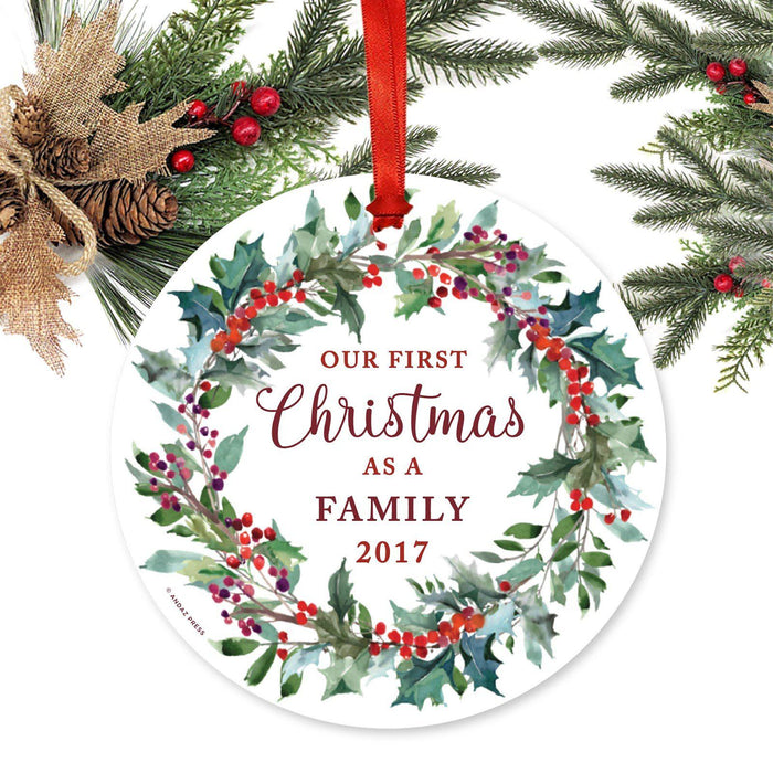Custom Family Wedding Metal Christmas Ornament, Red Holiday Wreath, Includes Ribbon and Gift Bag-Set of 1-Andaz Press-Adoption-