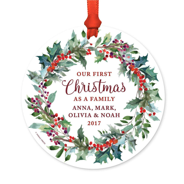 Custom Family Wedding Metal Christmas Ornament, Red Holiday Wreath, Includes Ribbon and Gift Bag-Set of 1-Andaz Press-Family Ornament Custom-