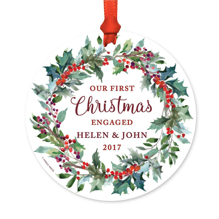Custom Family Wedding Metal Christmas Ornament, Red Holiday Wreath, Includes Ribbon and Gift Bag-Set of 1-Andaz Press-Helen & John-