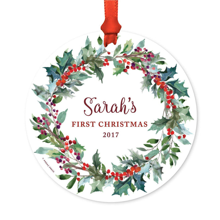 Custom Family Wedding Metal Christmas Ornament, Red Holiday Wreath, Includes Ribbon and Gift Bag-Set of 1-Andaz Press-Sarah's First Christmas-