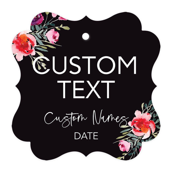 Custom Fancy Frame Favor Tags, Thank you Hang Tags for Wedding, Bridal Shower, Baby Shower Party Favors-Set of 96-Andaz Press-Black with Florals-