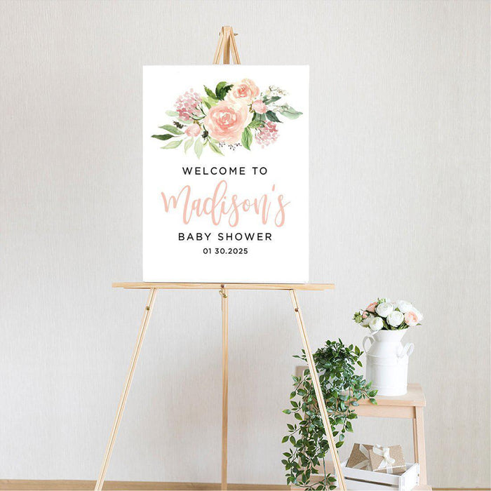 Custom Floral Baby Shower Canvas Welcome Signs-Set of 1-Andaz Press-Minimal Navy and Baby Blue Roses-