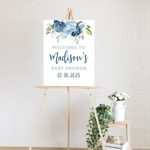 Custom Floral Baby Shower Canvas Welcome Signs-Set of 1-Andaz Press-Minimal Navy and Baby Blue Roses-