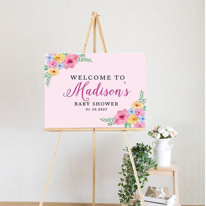 Custom Floral Baby Shower Canvas Welcome Signs-Set of 1-Andaz Press-Minimal Navy and Baby Blue Roses-