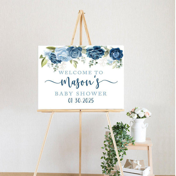 Custom Floral Baby Shower Canvas Welcome Signs-Set of 1-Andaz Press-Minimal Navy and Baby Blue Roses-