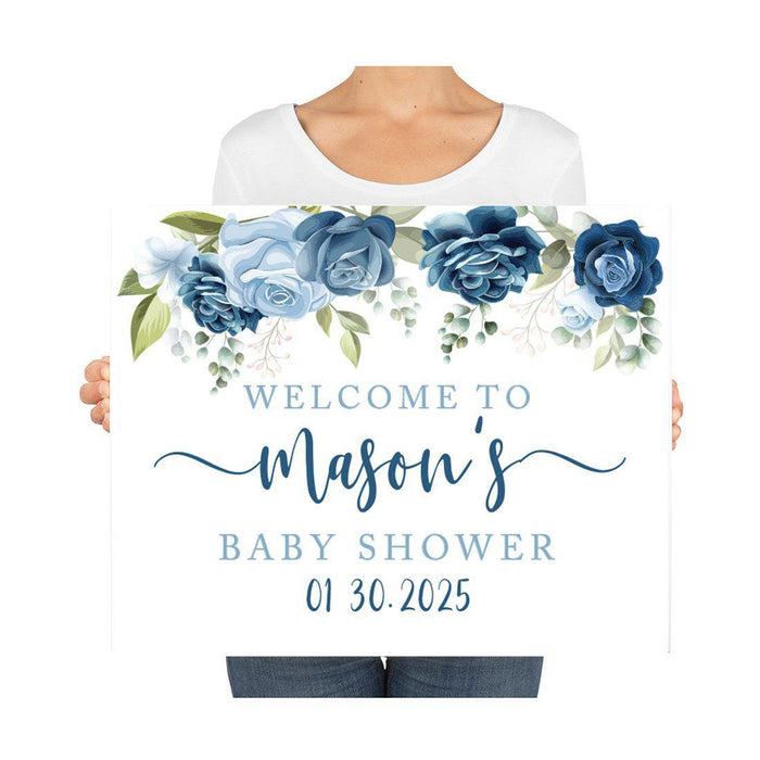 Custom Floral Baby Shower Canvas Welcome Signs-Set of 1-Andaz Press-Minimal Navy and Baby Blue Roses-