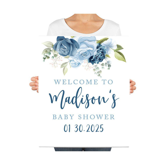 Custom Floral Baby Shower Canvas Welcome Signs-Set of 1-Andaz Press-Minimal Navy and Baby Blue Roses-
