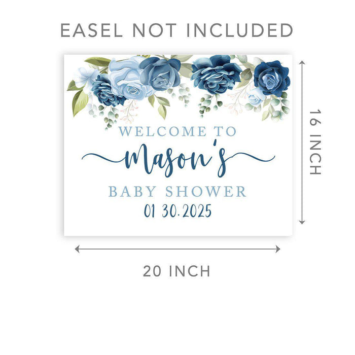 Custom Floral Baby Shower Canvas Welcome Signs-Set of 1-Andaz Press-Minimal Navy and Baby Blue Roses-