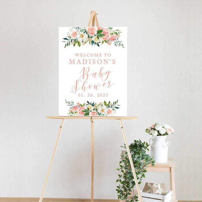 Custom Floral Baby Shower Canvas Welcome Signs-Set of 1-Andaz Press-Minimal Navy and Baby Blue Roses-
