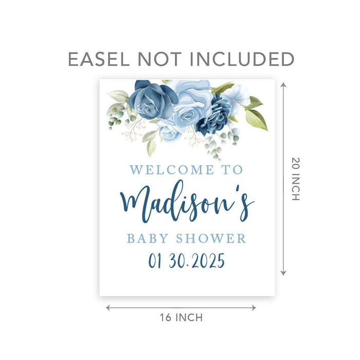 Custom Floral Baby Shower Canvas Welcome Signs-Set of 1-Andaz Press-Minimal Navy and Baby Blue Roses-