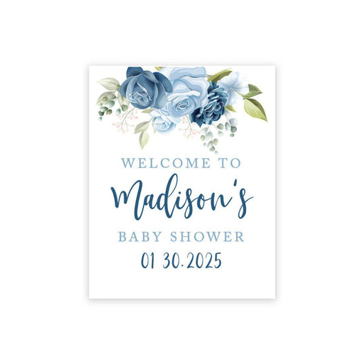 Custom Floral Baby Shower Canvas Welcome Signs-Set of 1-Andaz Press-Minimal Navy and Baby Blue Roses-