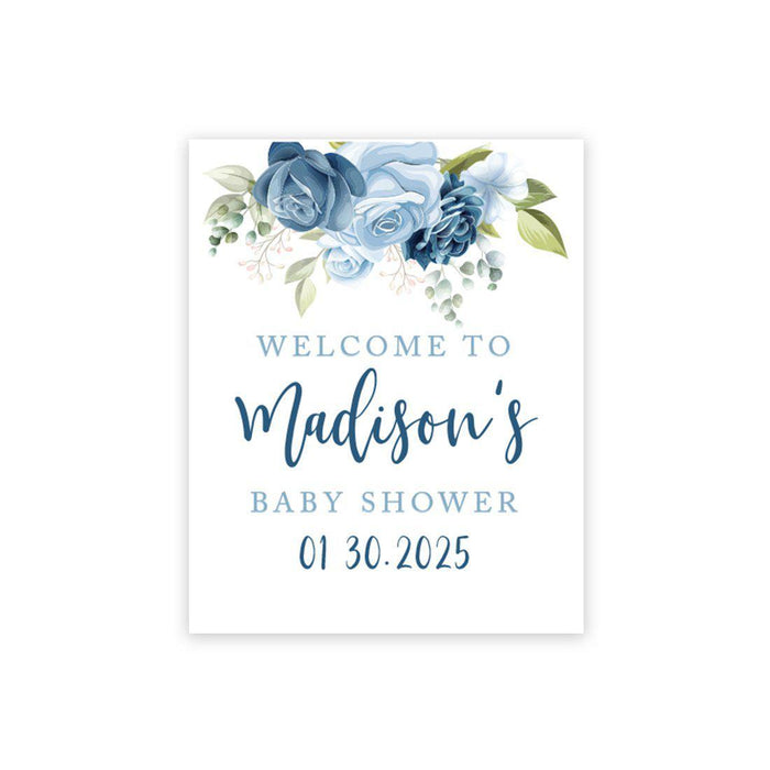 Custom Floral Baby Shower Canvas Welcome Signs-Set of 1-Andaz Press-Minimal Navy and Baby Blue Roses-