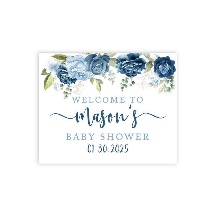 Custom Floral Baby Shower Canvas Welcome Signs-Set of 1-Andaz Press-Navy and Baby Blue Roses-
