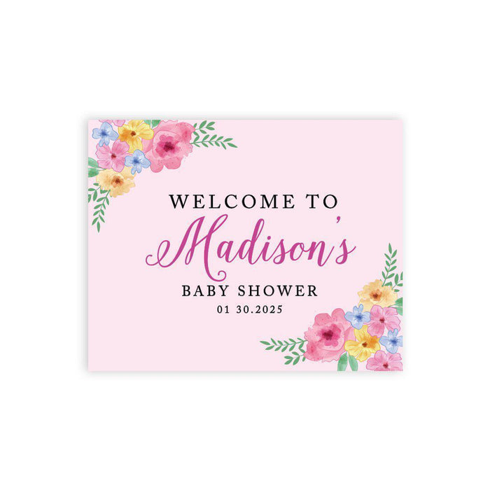 Custom Floral Baby Shower Canvas Welcome Signs-Set of 1-Andaz Press-Pink Spring Watercolor Florals-