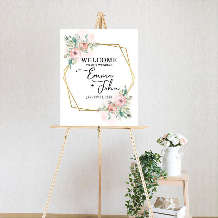 Custom Floral Canvas Wedding Guestbook Welcome Signs-Set of 1-Andaz Press-Modern Geometric Floral Hexagon Frame-