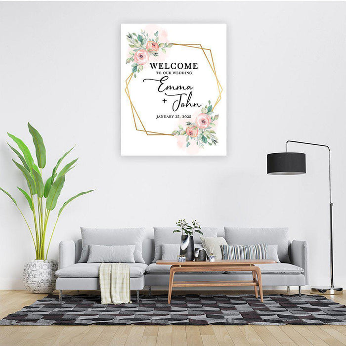 Custom Floral Canvas Wedding Guestbook Welcome Signs-Set of 1-Andaz Press-Modern Geometric Floral Hexagon Frame-