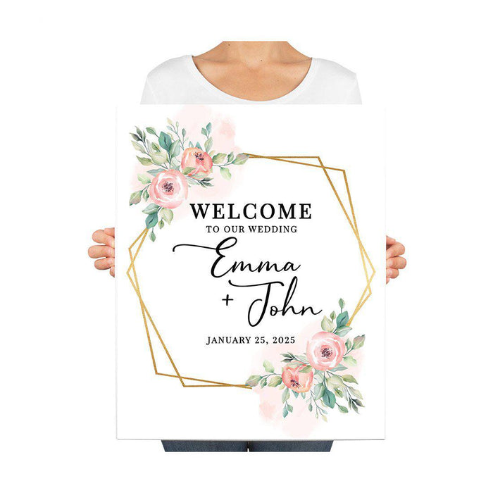 Custom Floral Canvas Wedding Guestbook Welcome Signs-Set of 1-Andaz Press-Modern Geometric Floral Hexagon Frame-