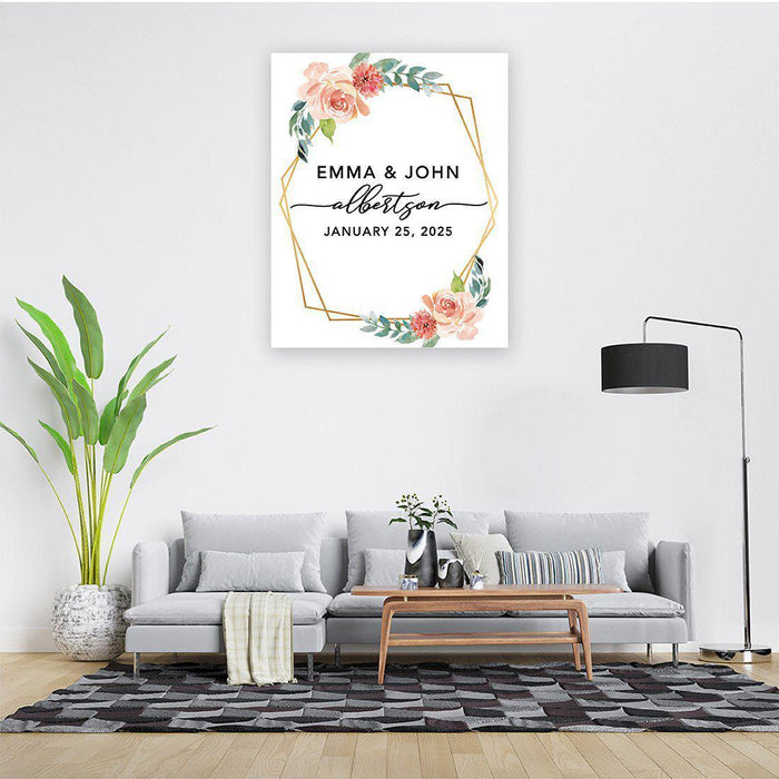 Custom Floral Canvas Wedding Guestbook Welcome Signs-Set of 1-Andaz Press-Modern Geometric Floral Hexagon Frame-