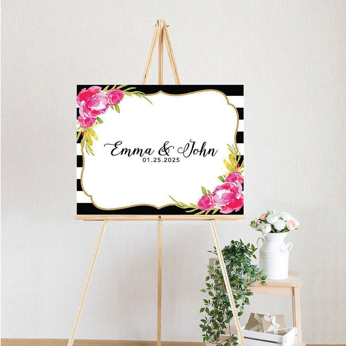 Custom Floral Canvas Wedding Guestbook Welcome Signs-Set of 1-Andaz Press-Modern Geometric Floral Hexagon Frame-