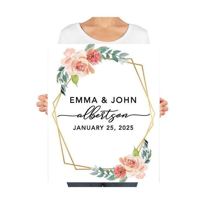 Custom Floral Canvas Wedding Guestbook Welcome Signs-Set of 1-Andaz Press-Modern Geometric Floral Hexagon Frame-