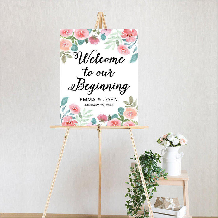 Custom Floral Canvas Wedding Guestbook Welcome Signs-Set of 1-Andaz Press-Modern Geometric Floral Hexagon Frame-