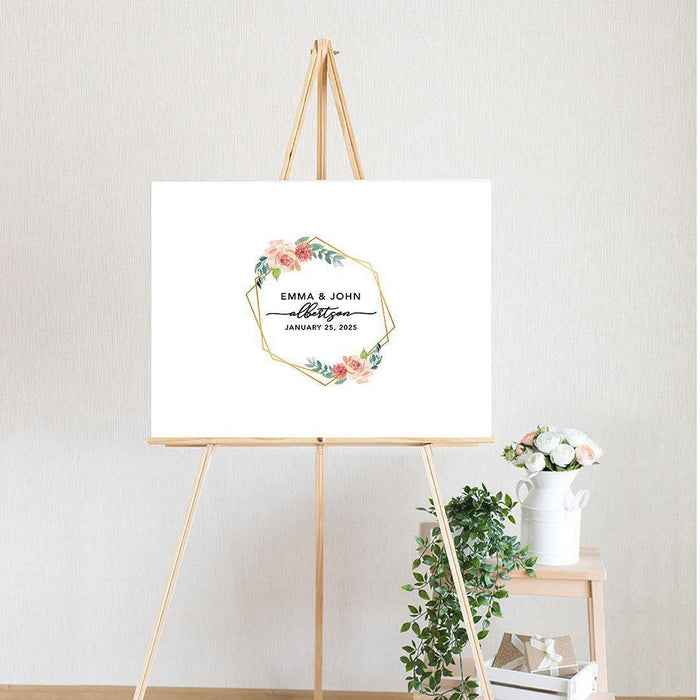 Custom Floral Canvas Wedding Guestbook Welcome Signs-Set of 1-Andaz Press-Modern Geometric Floral Hexagon Frame-