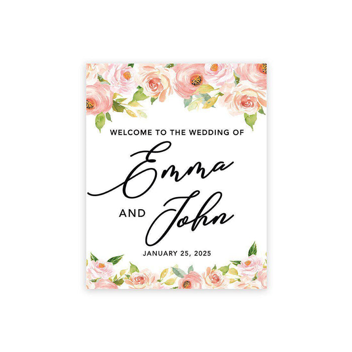 Custom Floral Canvas Wedding Guestbook Welcome Signs-Set of 1-Andaz Press-Coral and Peach Floral Roses, Vertical-