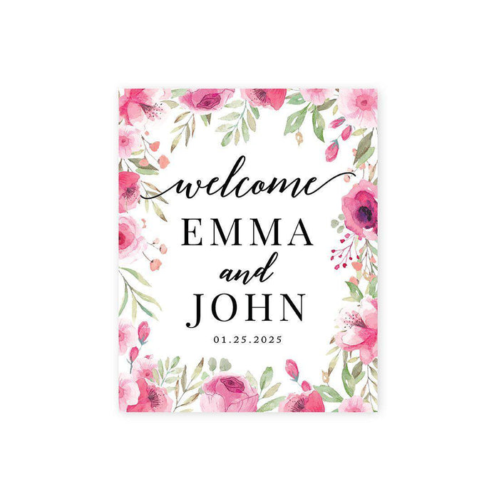 Custom Floral Canvas Wedding Guestbook Welcome Signs-Set of 1-Andaz Press-Pink Watercolor Floral Border-