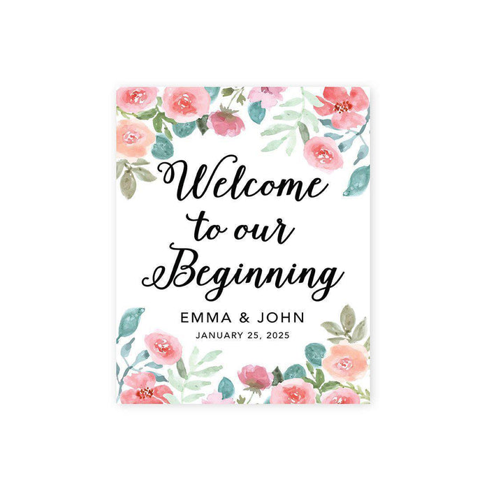 Custom Floral Canvas Wedding Guestbook Welcome Signs-Set of 1-Andaz Press-Watercolor Pink Floral Roses-